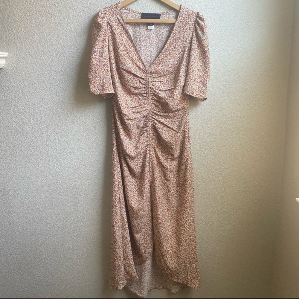 Nordstrom Beige Floral Ruched Midi Dress